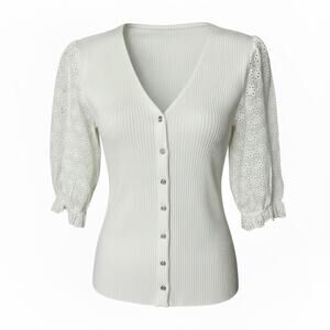 Elie Tahari Ribbed Eyelet Puff Sleeve Knit Top Cardigan White Medium Feminine